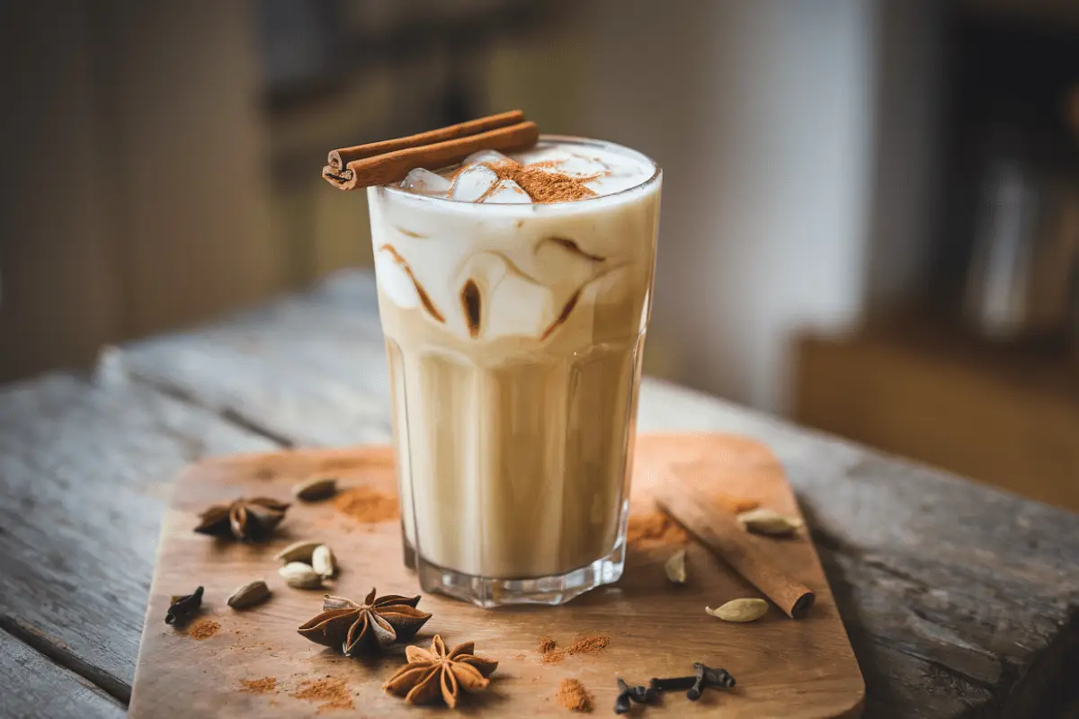 Homemade chai tea latte in a glass. Spices for chai tea latte recipe