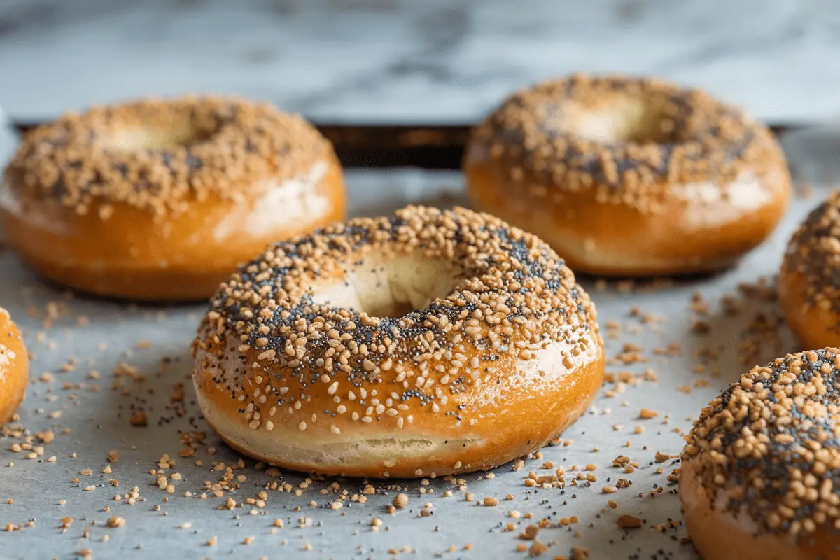 Freshly baked bagels covered in everything seasoning from a Homemade New York Bagel Recipe.