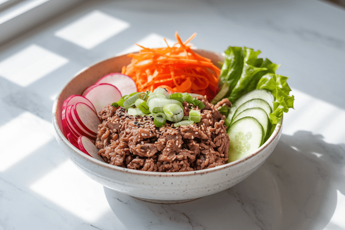 A colorful bowl of ground beef bulgogi recipe served with fresh vegetables like carrots, cucumbers, and radishes, garnished with sesame seeds.