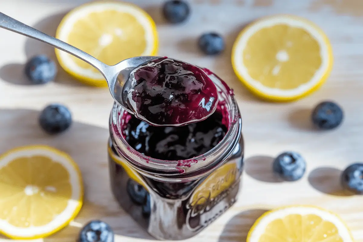 Homemade blueberry jam in a jar with a spoon, surrounded by fresh blueberries and lemon slices, showcasing the delicious texture and vibrant color of the jam.