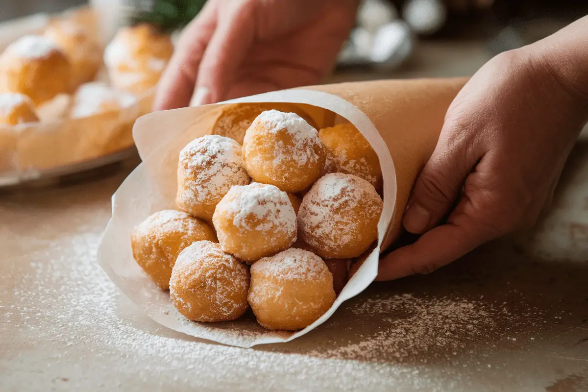 Freshly made Zeppole Recipes served in a paper cone and dusted with powdered sugar.