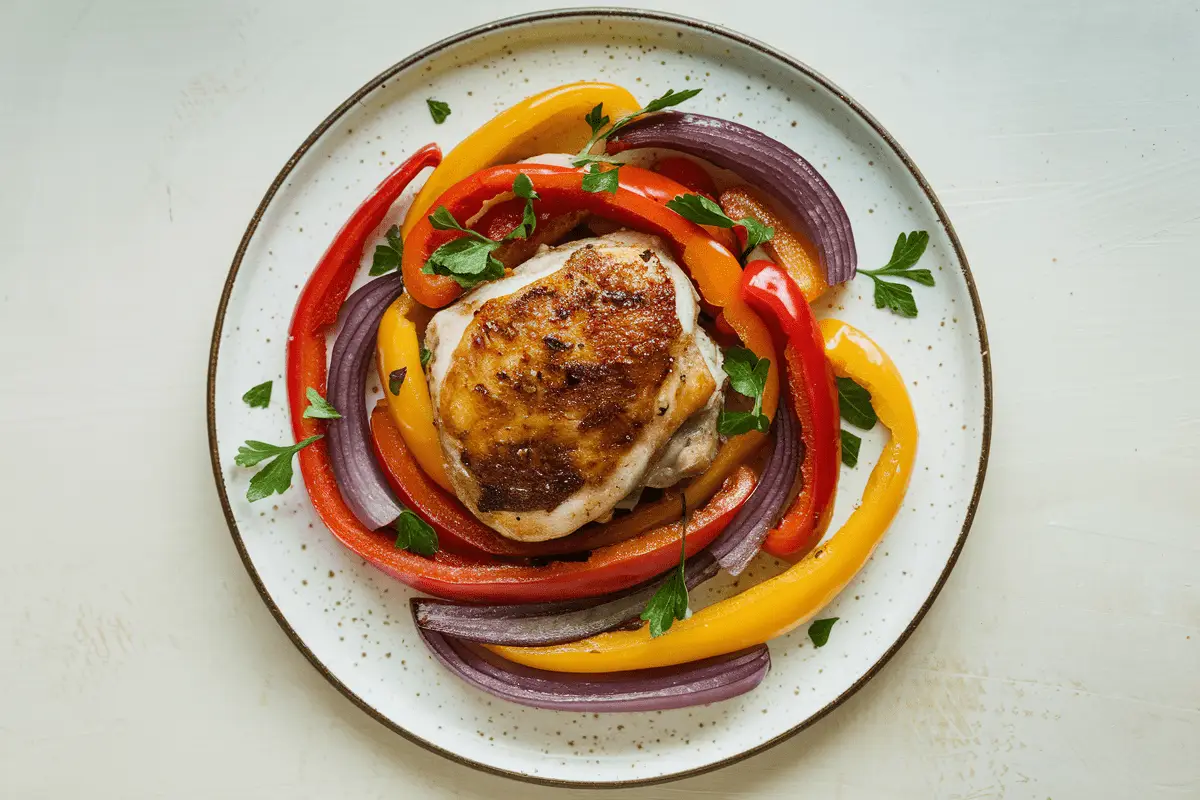 Plated chicken and peppers with fresh herbs - a healthy and easy-to-make recipe.