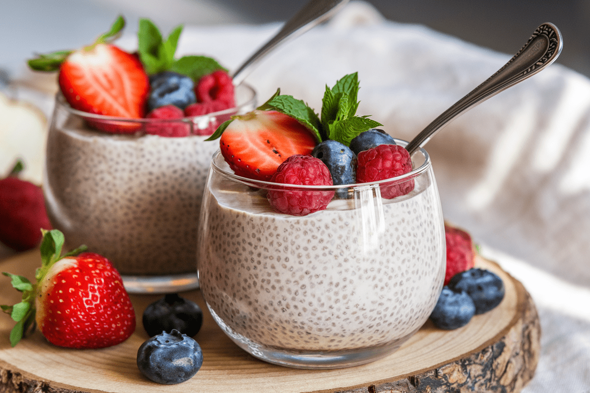 Delicious coconut chia pudding served with fresh strawberries, raspberries, and blueberries.