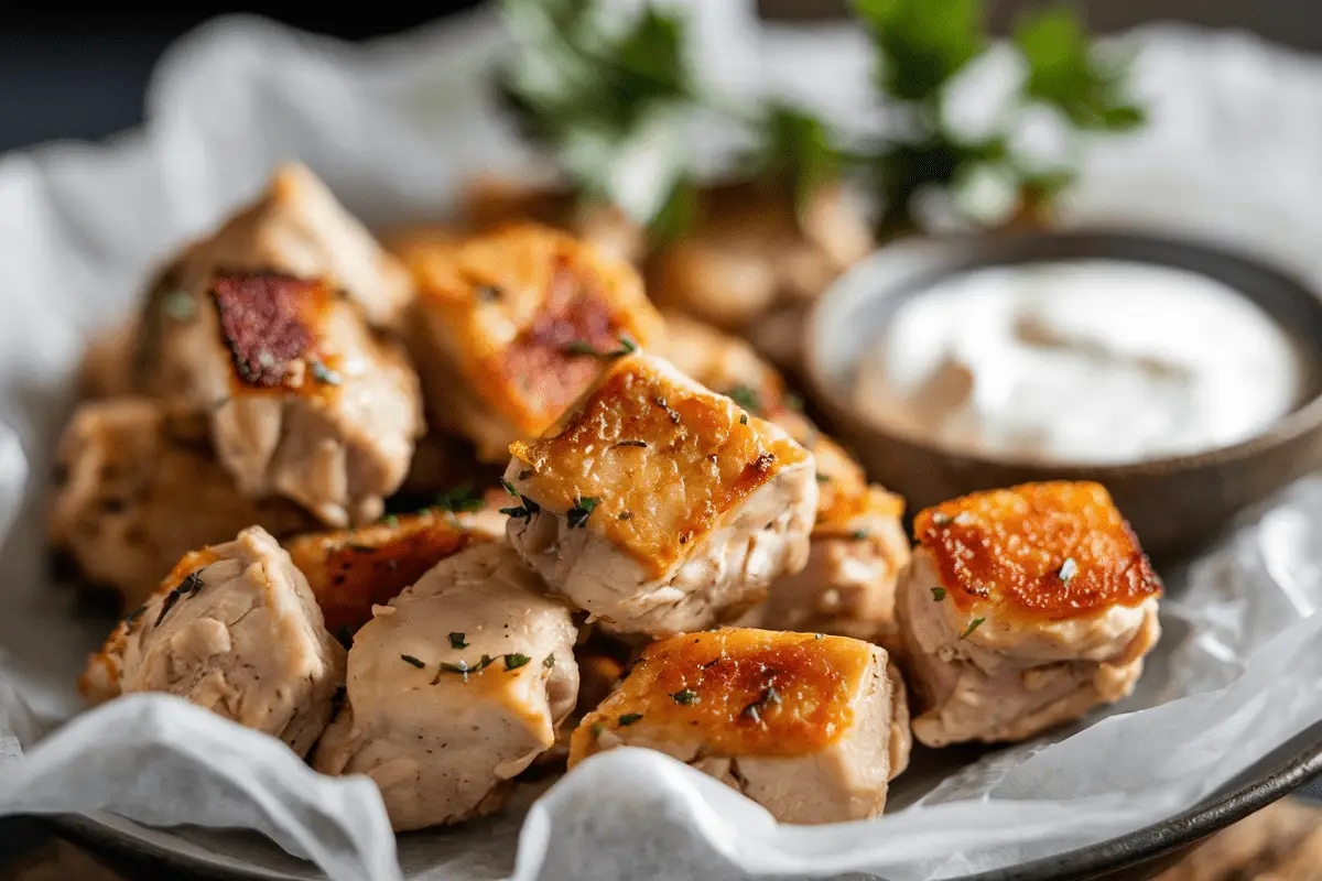 Golden-brown chicken pieces garnished with herbs, served with a creamy dipping sauce.