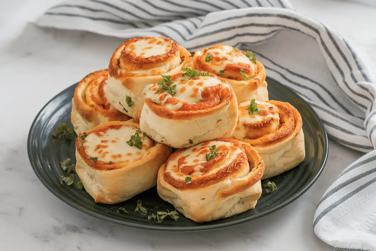 Easy Homemade Pizza Rolls served on a plate with melted cheese and garnished with herbs.