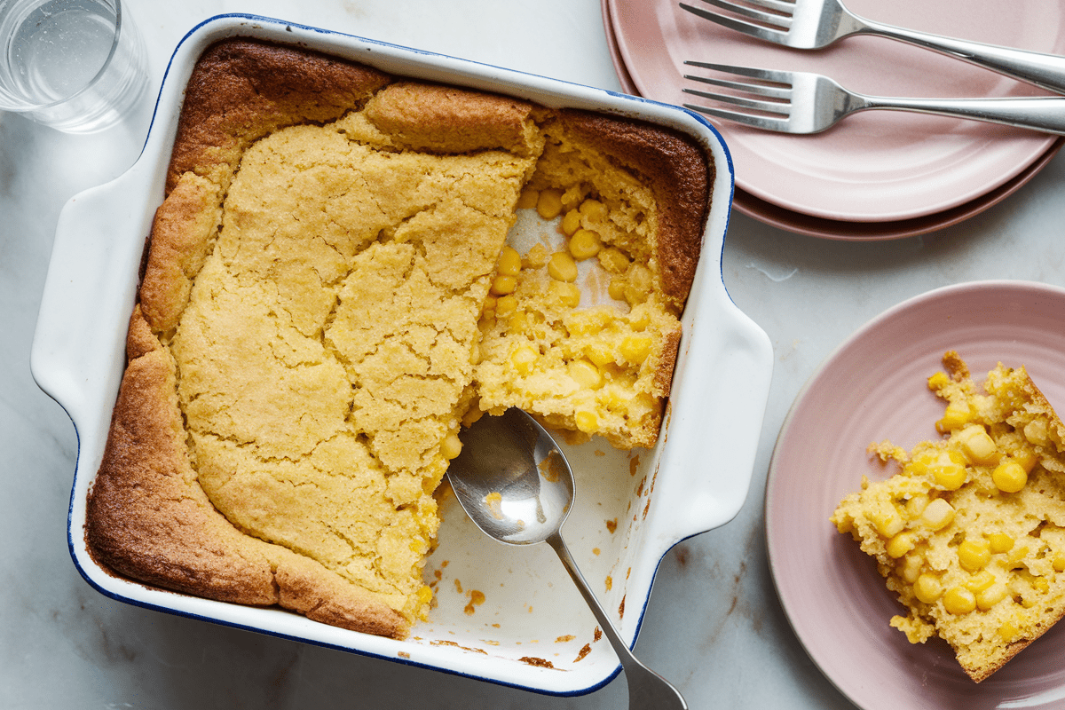 Freshly baked cornbread pudding in a square dish, with a serving spoon and plated slices.