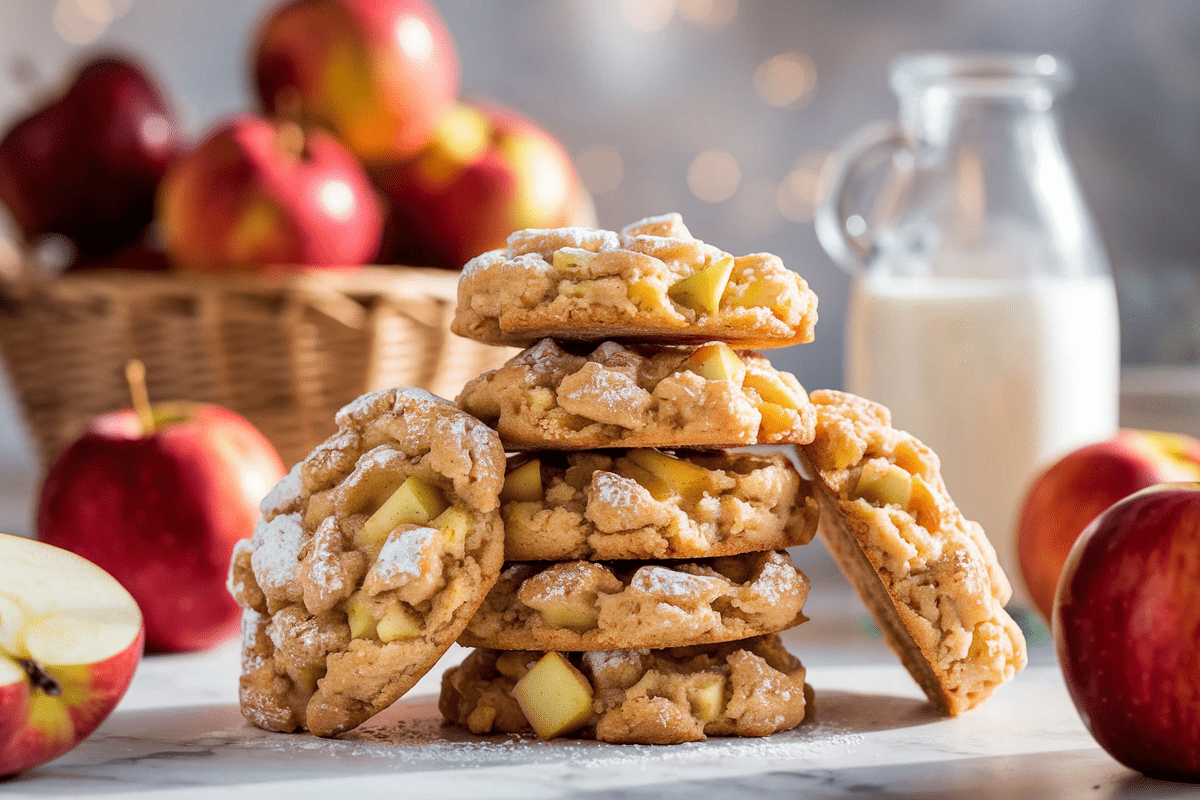 A stack of apple cookies on a marble surface, surrounded by fresh apples and a jar of milk, highlighting the Apple Cookies Recipe.