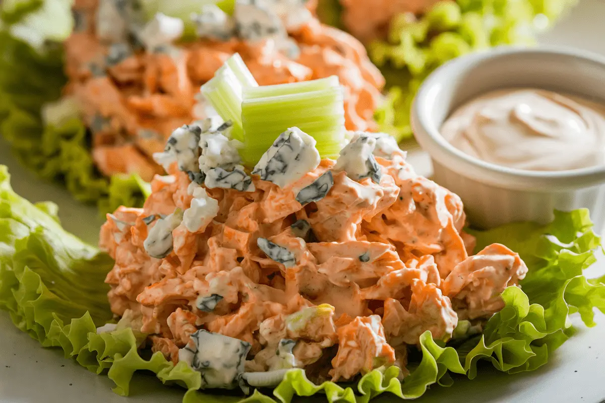 Buffalo Chicken Salad Recipe served on lettuce leaves with creamy dressing and fresh celery garnish.