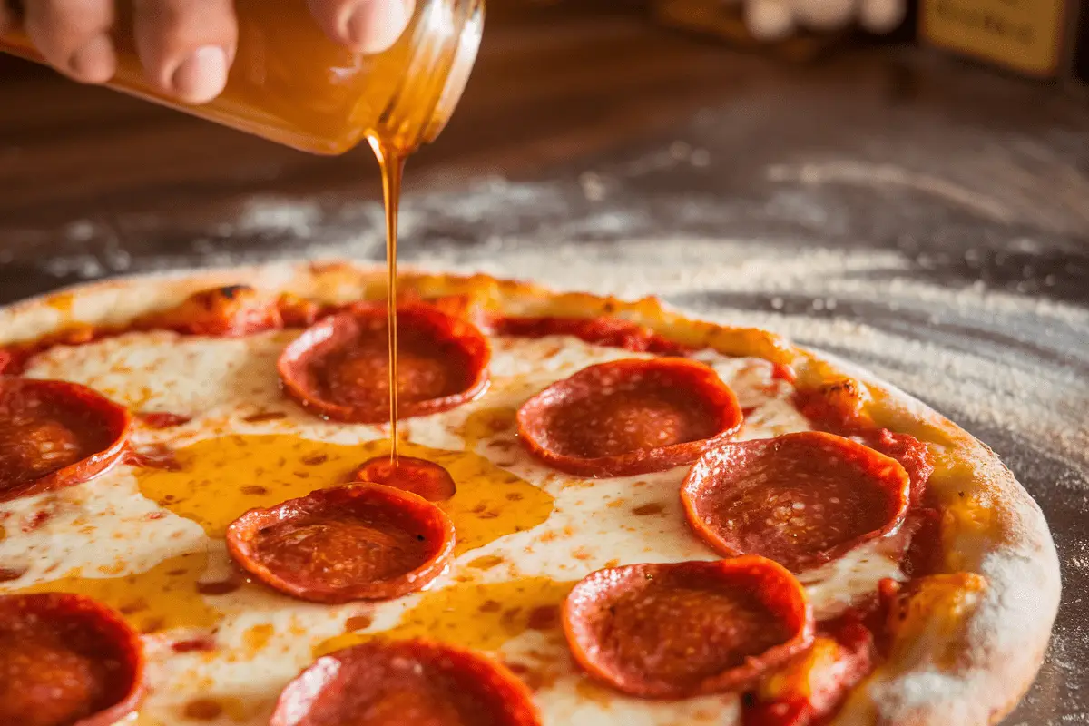 Close-up of hot honey being drizzled over a freshly baked pizza topped with crispy pepperoni and melted mozzarella cheese, highlighting the golden honey's shine