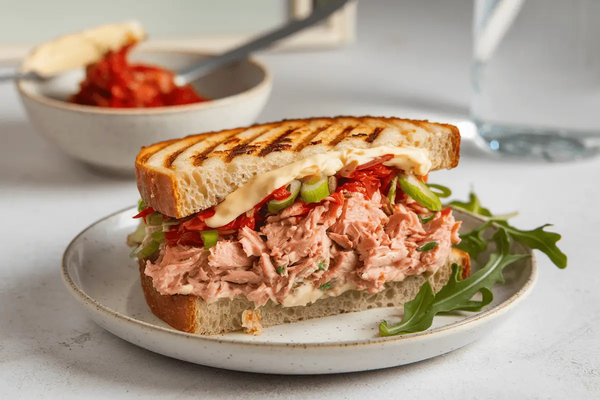 A beautifully plated Kimchi Tuna Sandwich Recipe showcases a grilled bread layered with creamy tuna, spicy kimchi, and fresh vegetables, highlighting the perfect fusion of bold flavors and nutritious ingredients.