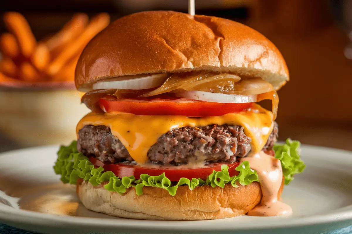 Juicy bison burger with lettuce, tomato, and melted cheese – a must-try bison burger recipe.