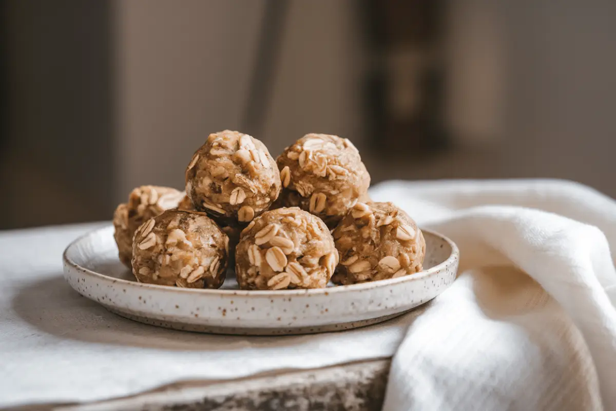 Plate of banana bread energy balls made with oats and bananas, a healthy no-bake snack option.