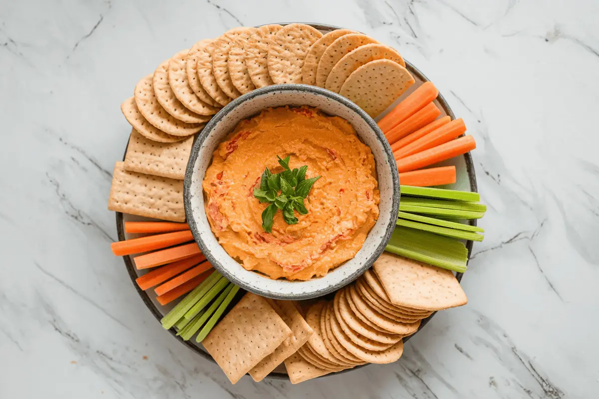 Bowl of old-fashioned pimento cheese surrounded by crackers, carrots, and celery sticks on a serving platter.