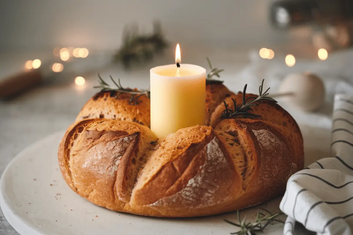 Butter candle centerpiece placed inside a loaf of bread with rosemary, showcasing a creative Butter Candle Recipe.