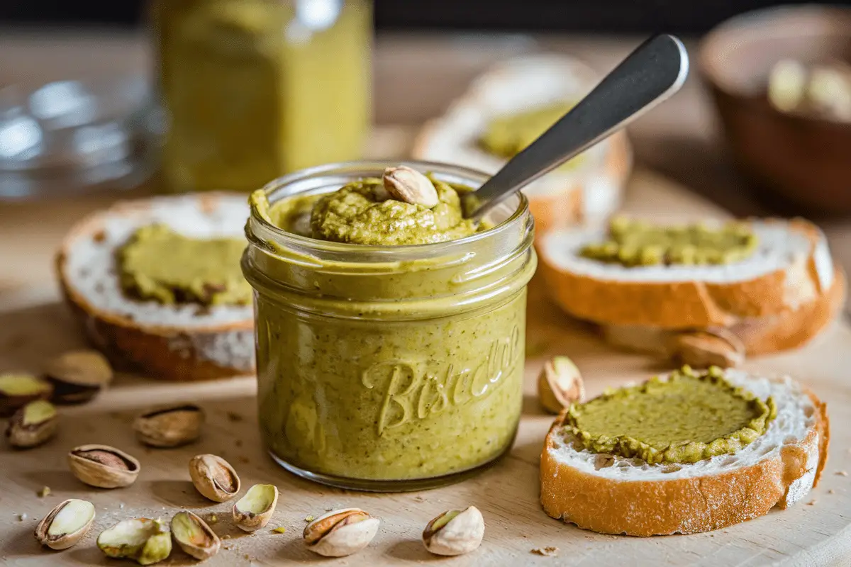 Homemade pistachio butter in a jar, served with bread slices for breakfast.