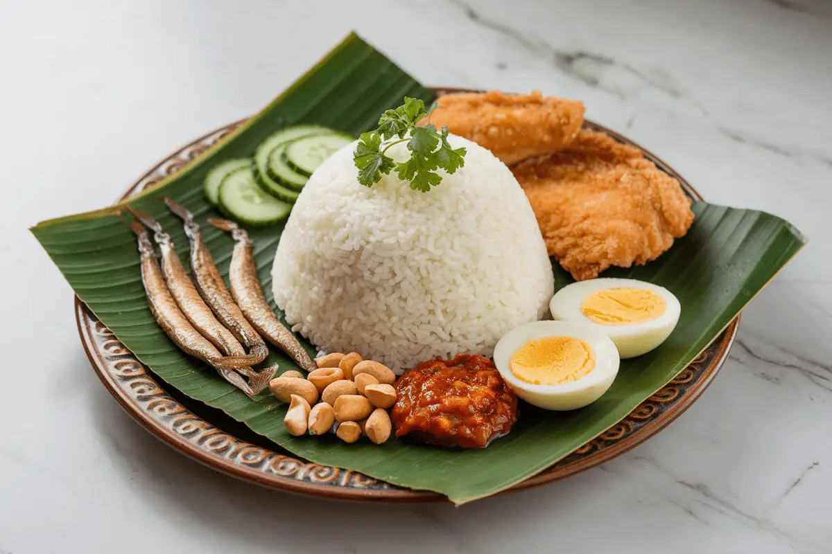 Malaysian Nasi Lemak with coconut rice, sambal, and accompaniments