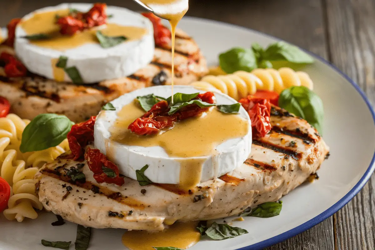 Chicken Bryan Recipe topped with goat cheese, basil, and basil lemon butter sauce.