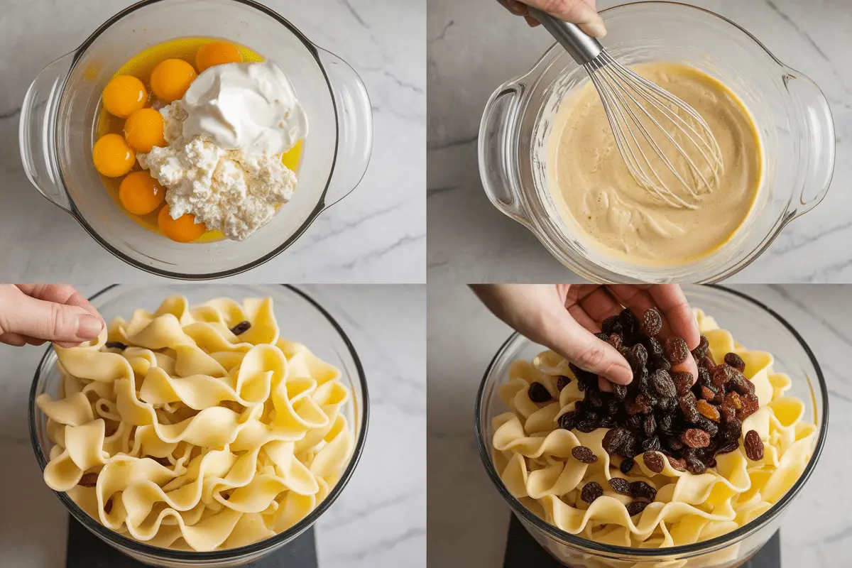 Ingredients for noodle pudding recipe, including eggs, sour cream, cottage cheese, and noodles, displayed in a glass bowl.