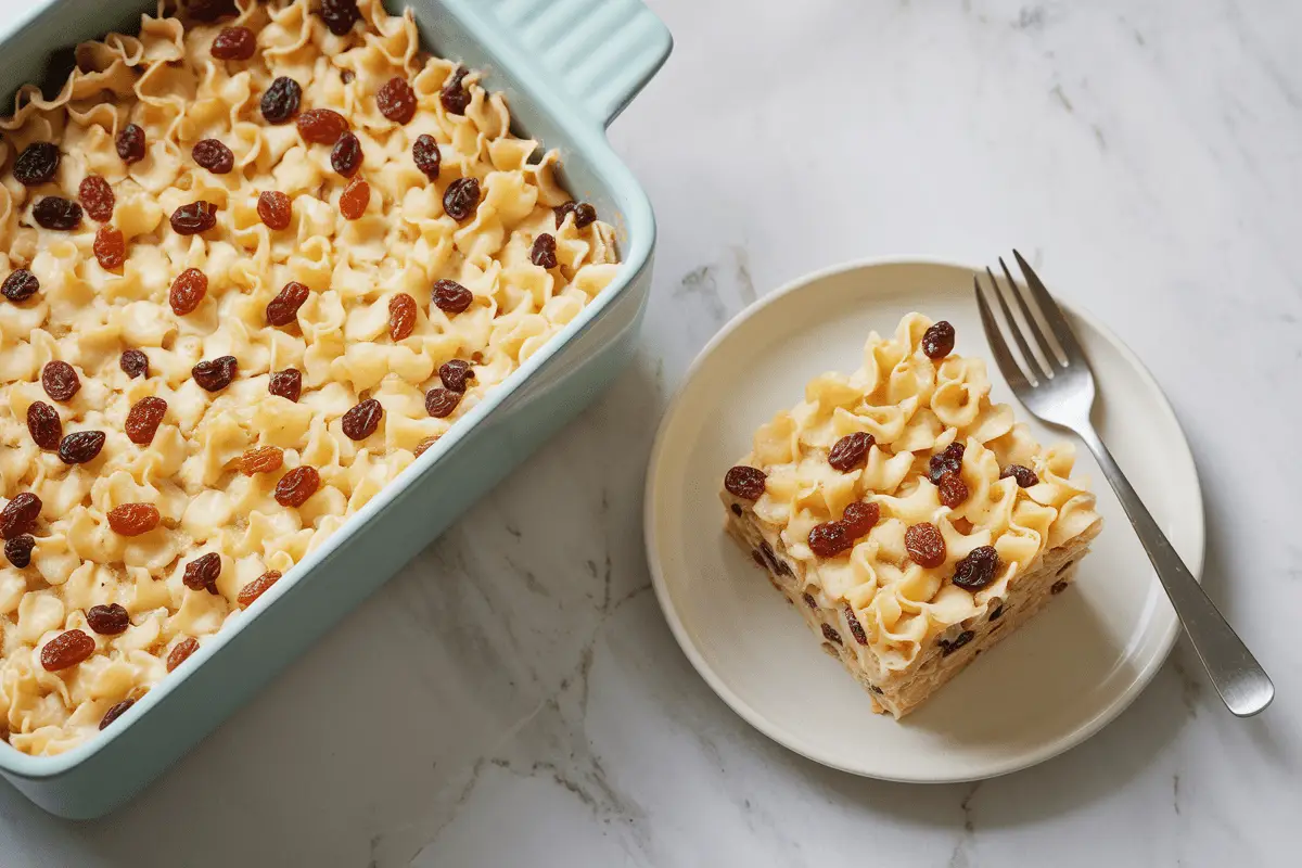 A perfectly baked noodle pudding recipe in a pastel blue baking dish with raisins scattered on top, served with a single portion on a white plate.