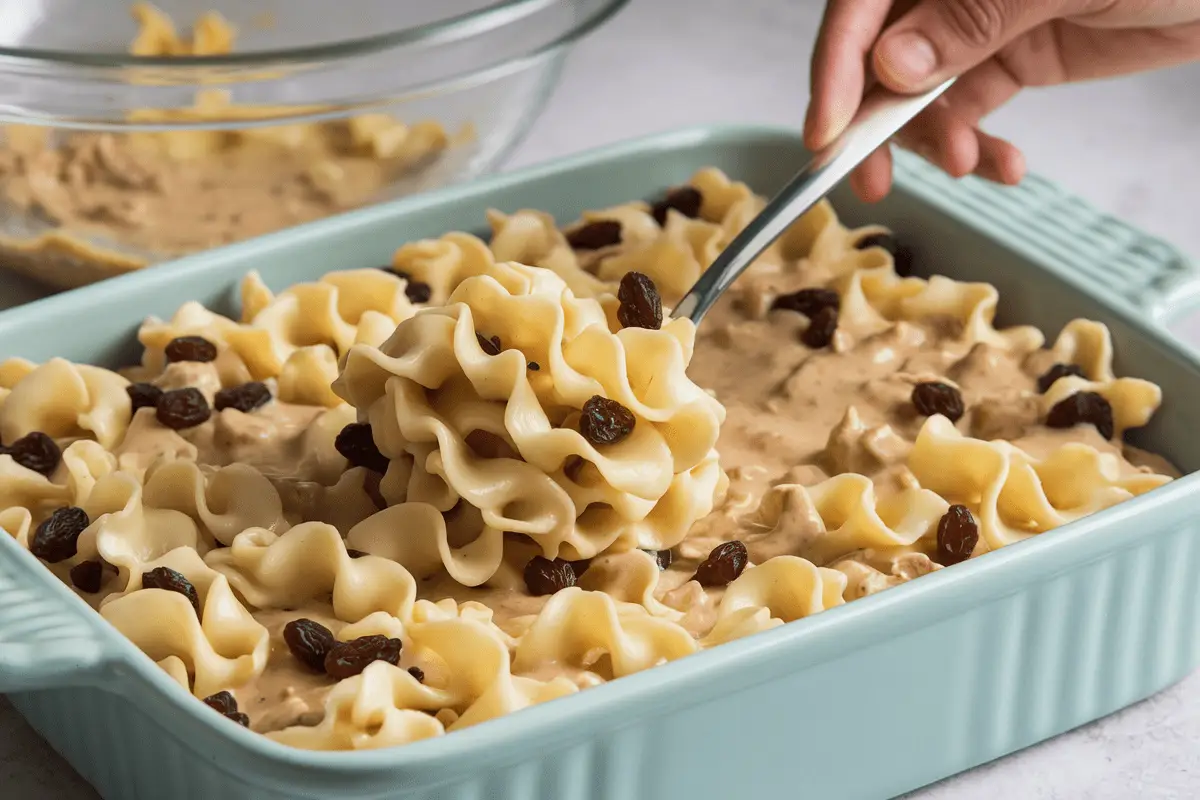 Noodle pudding recipe preparation with a hand scooping the creamy noodle mixture topped with raisins into a pastel blue baking dish.