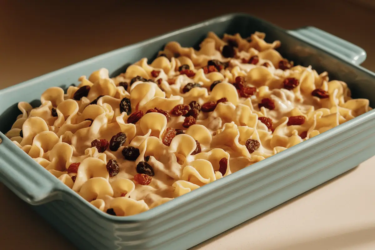 Noodle pudding recipe in a pastel blue baking dish, baked to golden perfection with raisins spread across the surface.