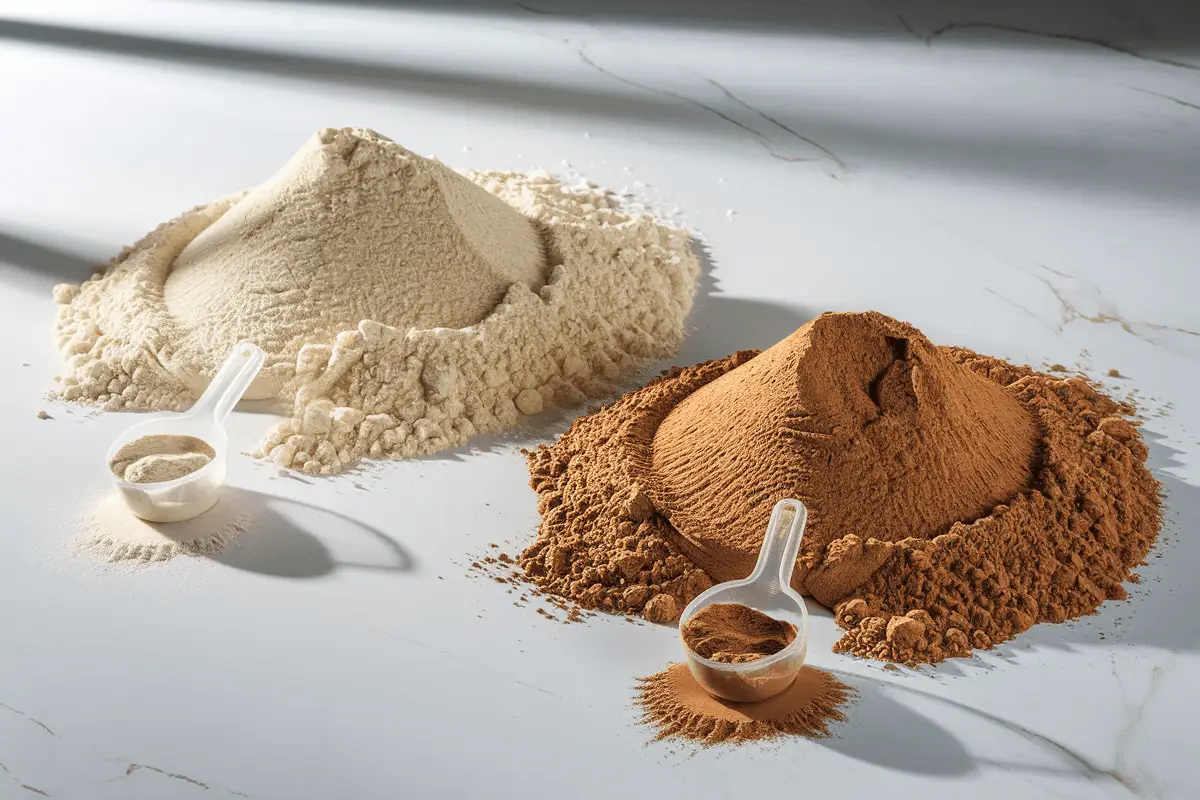 Protein Powder Breakfast Recipes – Large mounds of vanilla and chocolate protein powder on a white marble background, with small transparent scoops partially buried in the fine-textured powders