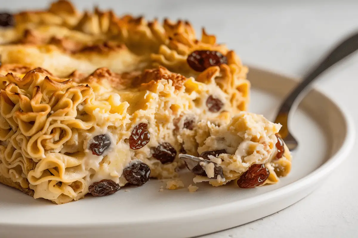 A close-up of a serving of noodle pudding recipe showing creamy layers of noodles, raisins, and custard on a white plate.