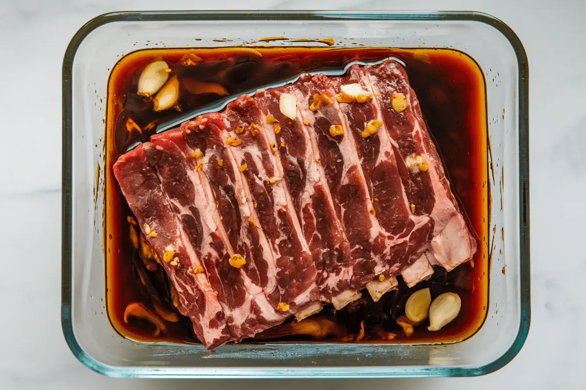 Beef ribs soaking in a beef ribs marinade recipe in a glass dish with garlic and soy sauce.