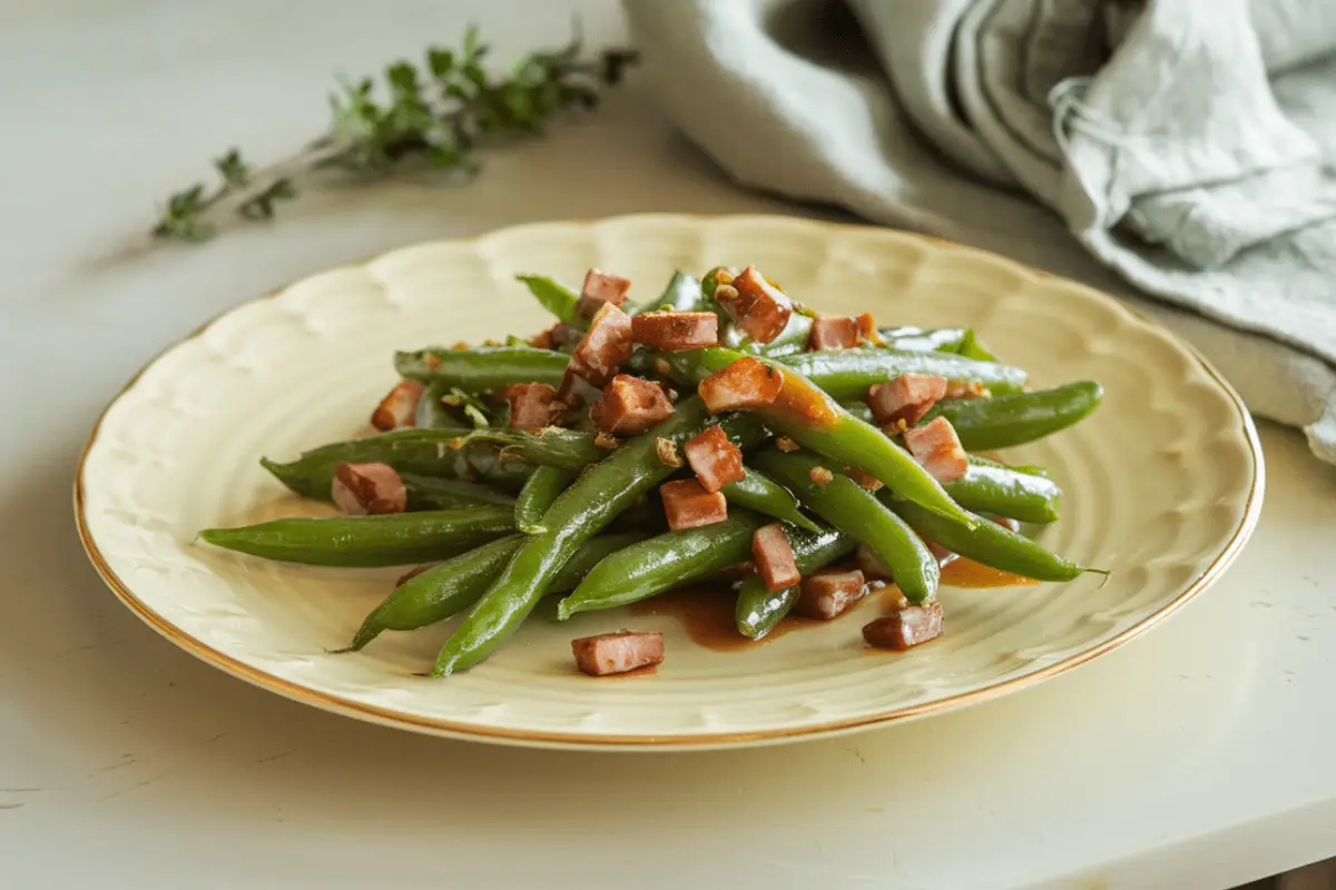 Cooked Crack Green Beans Recipe with diced turkey ham on a decorative serving plate.