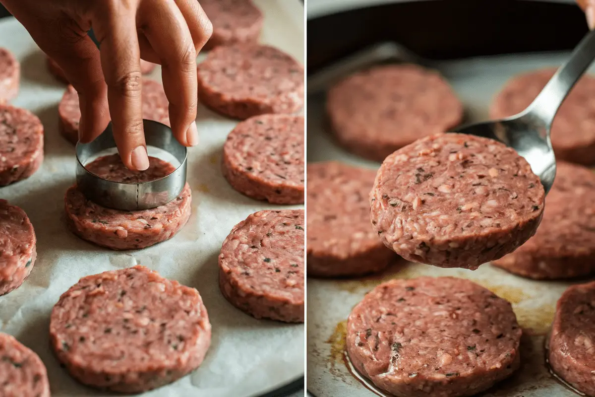 Shaping homemade maple breakfast sausage patties on parchment paper for even cooking.
