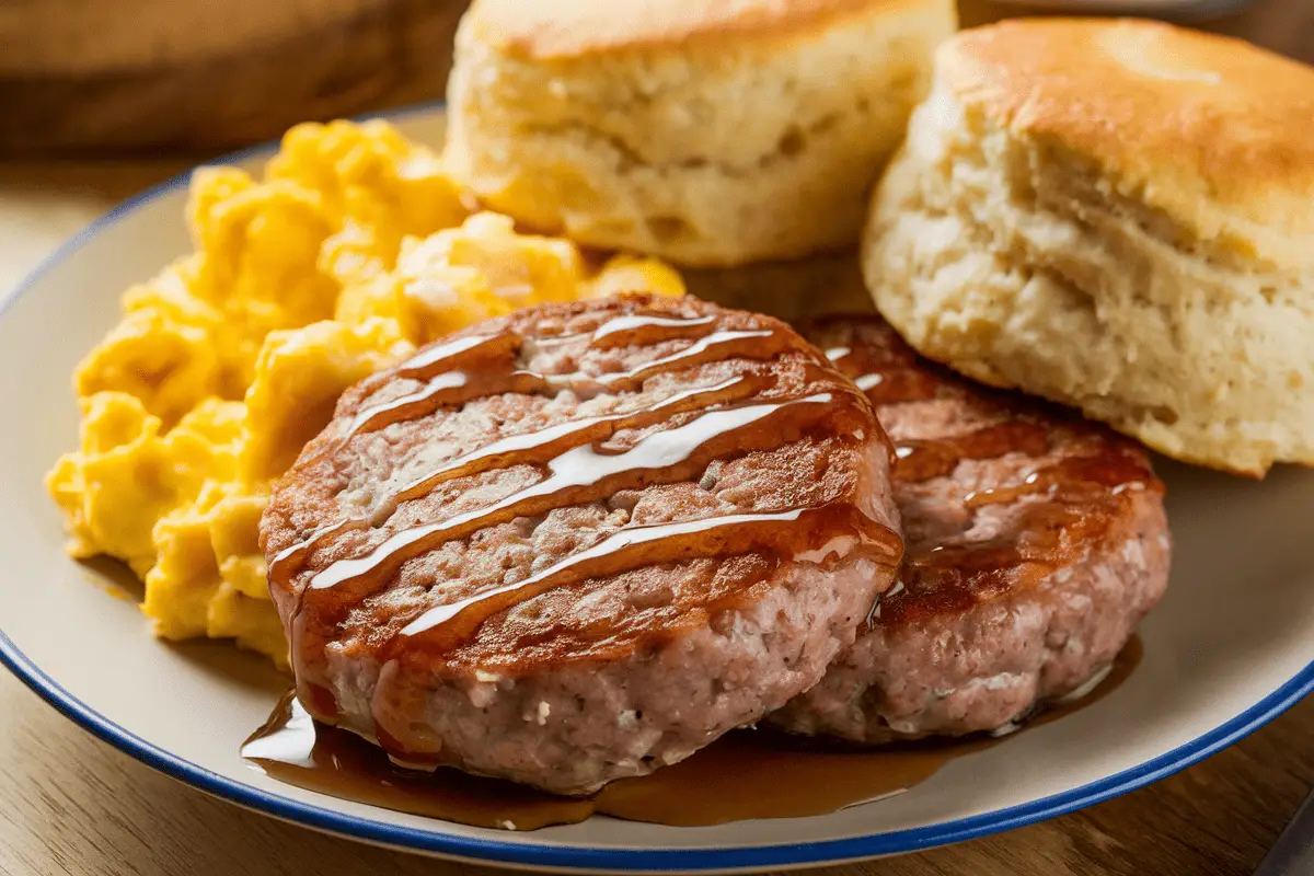 Plated maple breakfast sausage patties with scrambled eggs, fluffy biscuits, and a drizzle of maple syrup.