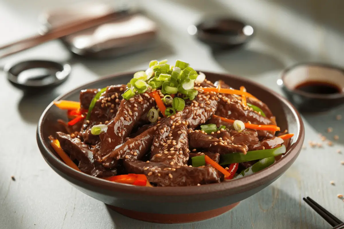 A delicious bowl of cooked Mongolian BBQ recipe, featuring tender beef, vibrant vegetables, sesame seeds, and garnished with fresh green onions.