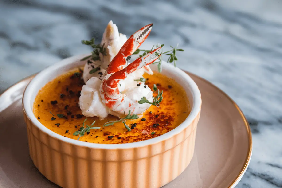 Plated Crab Brulee Recipe - Creamy custard topped with crab claws and caramelized finish.