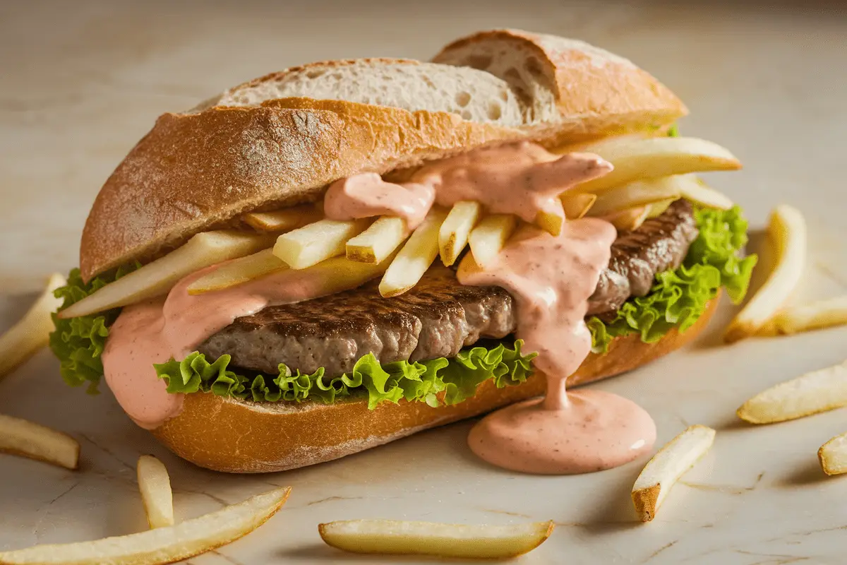 Assembled Mitraillette Belgium Sandwich with fries, meat, lettuce, and sauce.