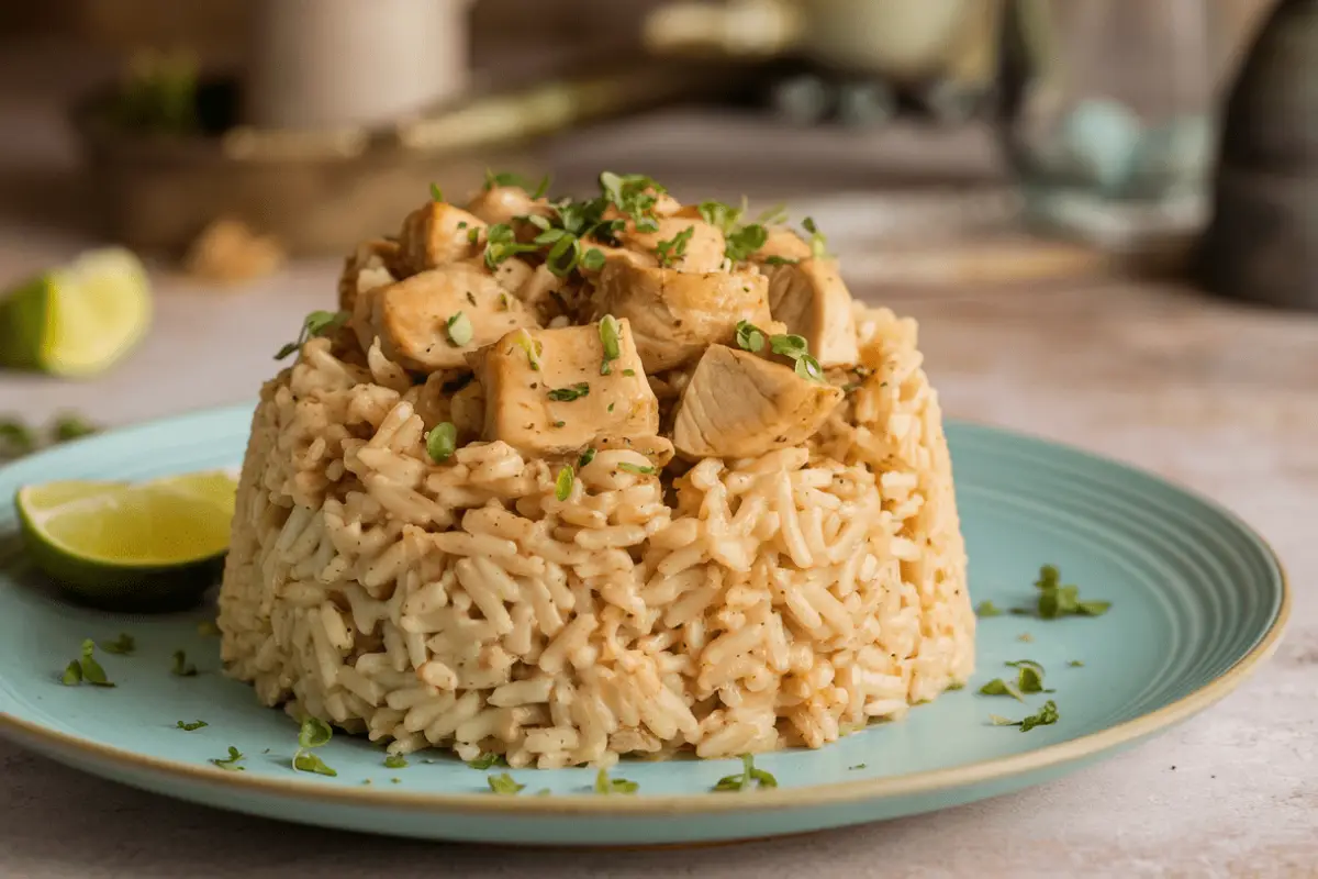 Pollo Loco chicken and rice stacked neatly on a plate, garnished with herbs and lime.