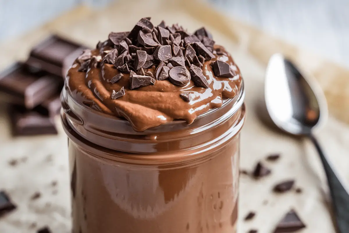 Creamy chocolate protein pudding topped with chocolate shavings in a glass jar – a perfect Protein Pudding Recipe.