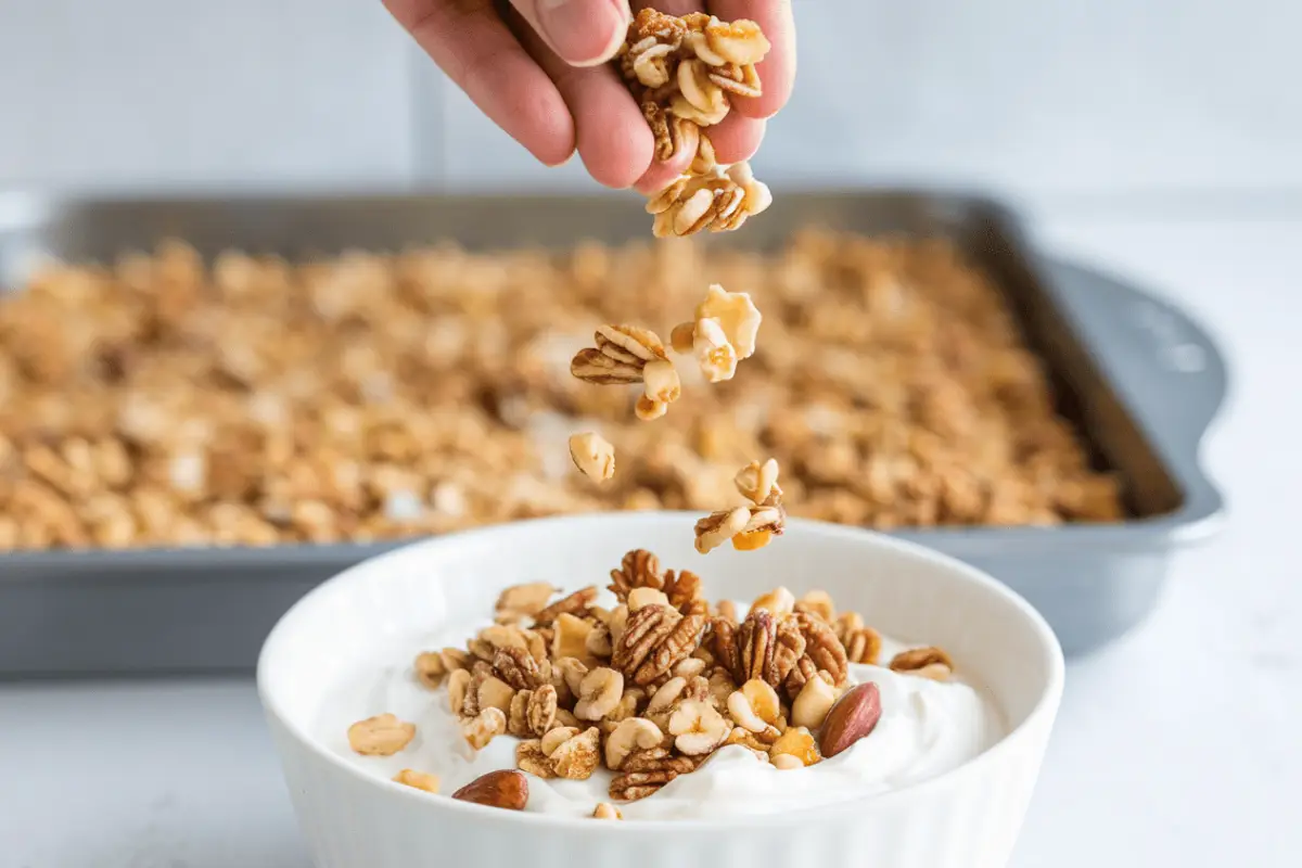 Freshly baked Vanilla Nut Granola being added to a bowl of yogurt.