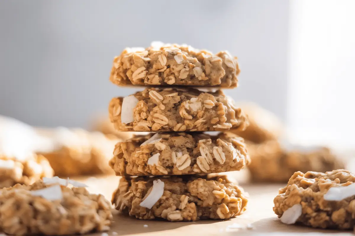 A stack of freshly baked Ranger Cookies showcasing their chewy texture and oat-filled goodness.