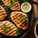 Beautifully grilled chicken breasts garnished with parsley and lemon slices on a Blackstone griddle.