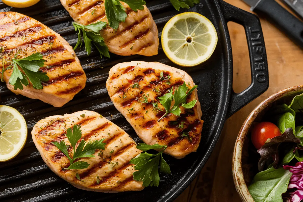 Beautifully grilled chicken breasts garnished with parsley and lemon slices on a Blackstone griddle.