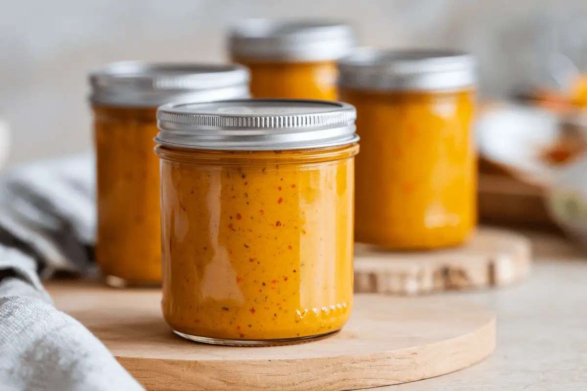 Sealed jars of homemade Hot Pepper Mustard ready for storage