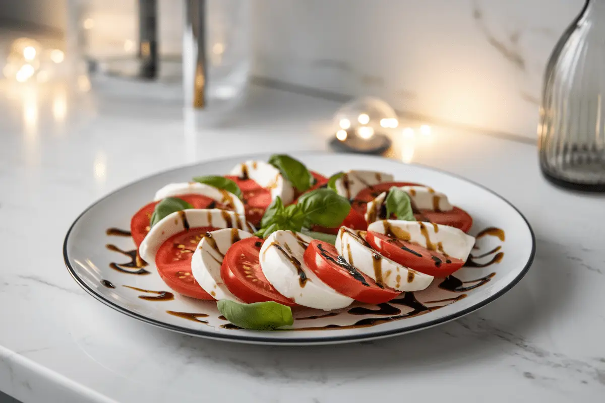 Plate of Caprese Salad featuring fresh mozzarella, ripe tomatoes, basil leaves, and balsamic drizzle, arranged elegantly on a white marble countertop, ideal for pairing with Justalittlebite Recipes