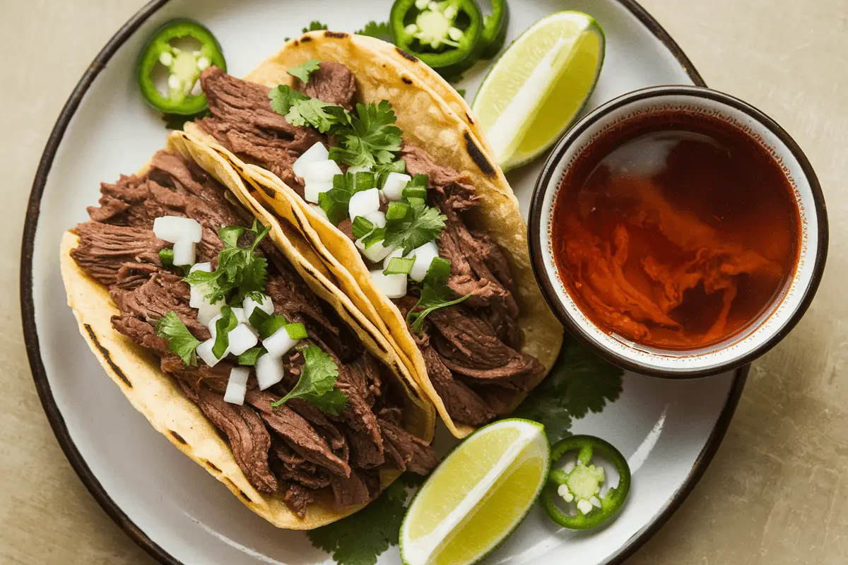 Two tacos from this Birria Tacos Recipe, filled with tender shredded beef, topped with cilantro and onion, served with lime wedges, jalapeño slices, and consomé.