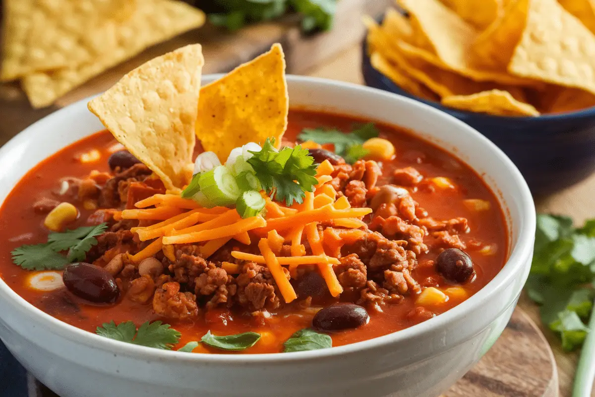 Hearty taco soup frios recipe with beans, corn, and Fritos topping.