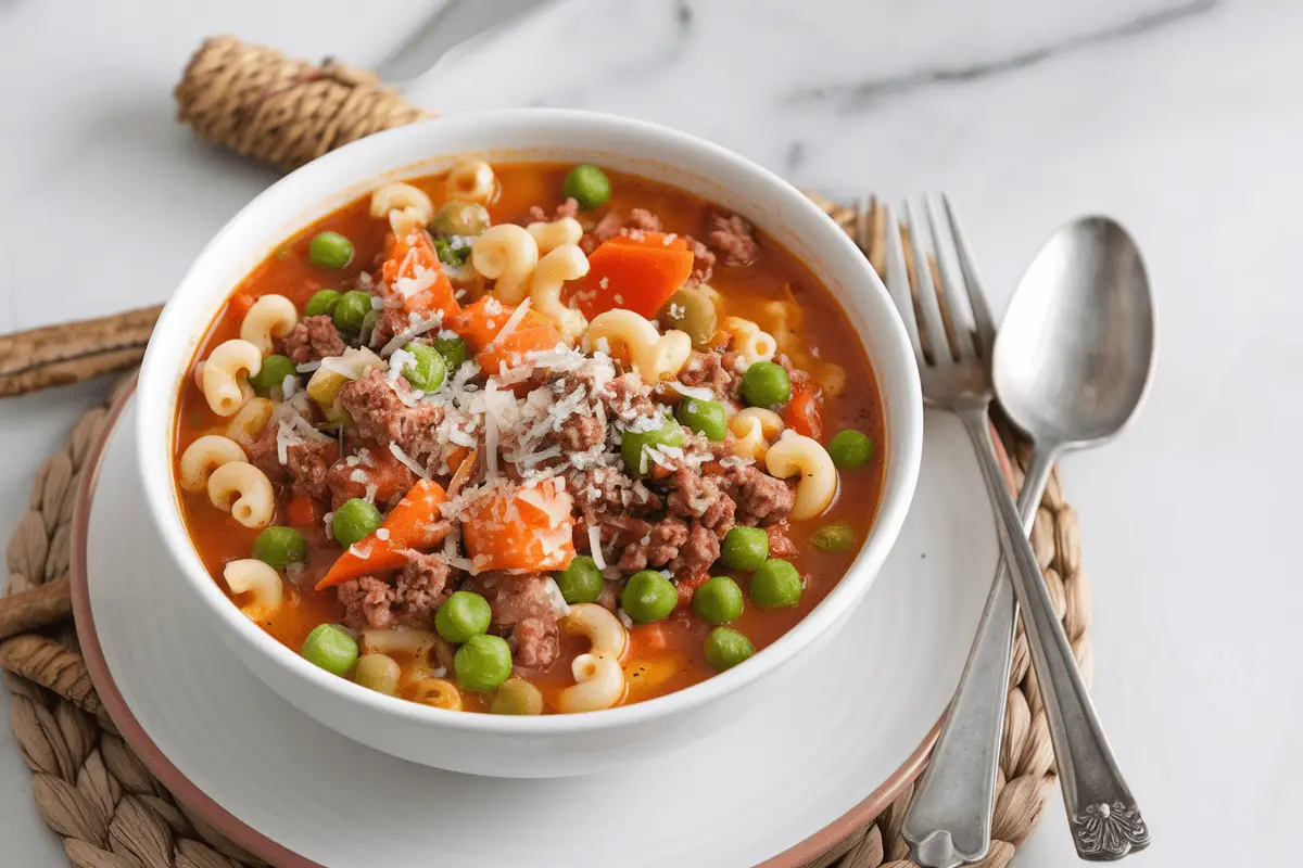 A bowl of hearty Busy Day Soup featuring macaroni, ground beef, peas, carrots, and a rich tomato broth.