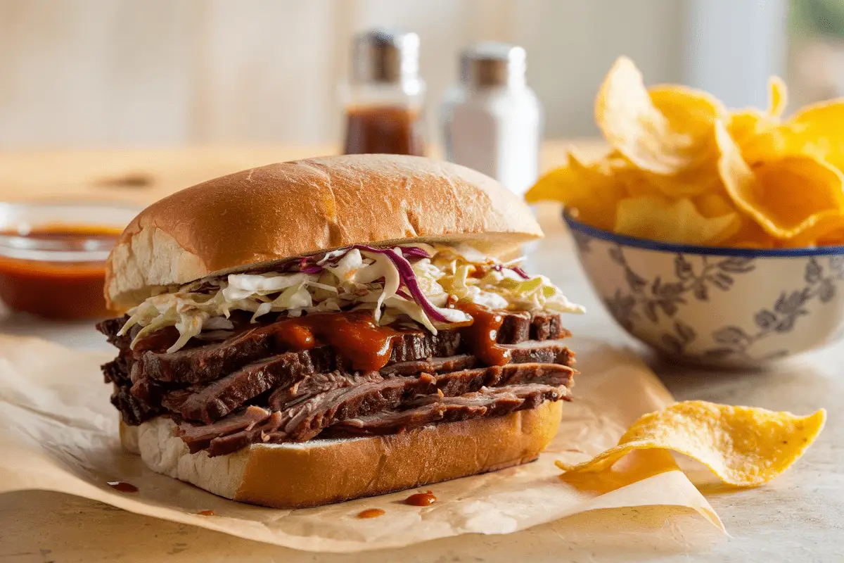 A fully assembled smoked brisket sandwich served alongside crispy potato chips and a bowl of extra BBQ sauce, creating a comforting BBQ meal.