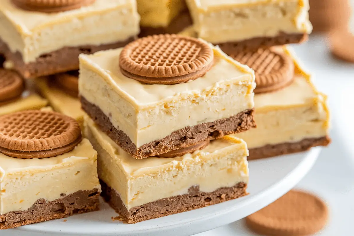 Layered banana pudding brownies recipe with a creamy banana pudding top and a fudgy brownie base, topped with cookies.