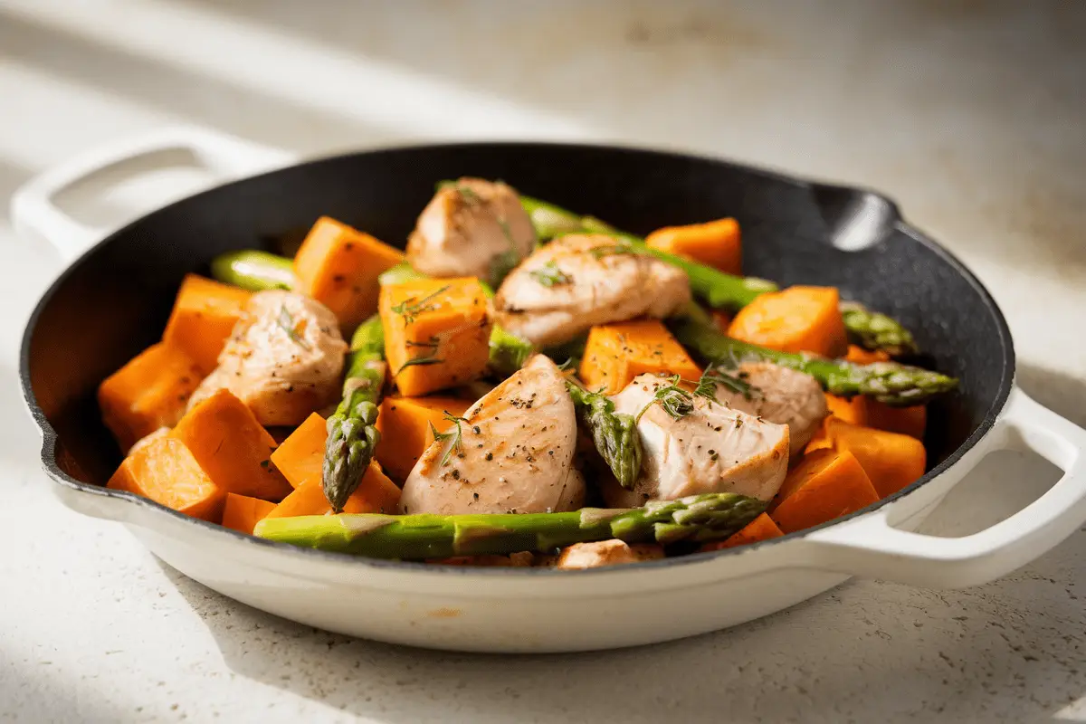 A delicious skillet meal featuring tender chicken, roasted sweet potatoes, and fresh asparagus, a perfect dish for Chicken and Sweet Potato Recipes.