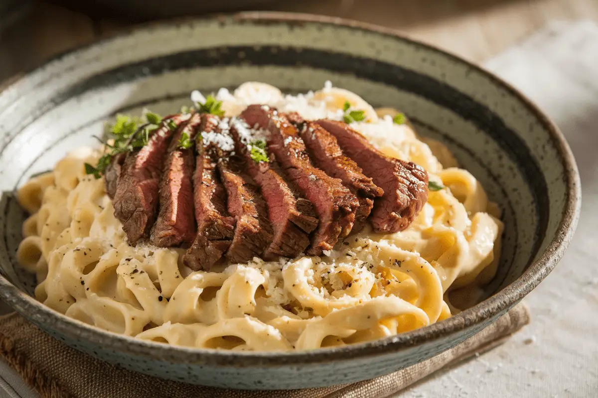 A plate of Steak Alfredo Recipe with tender, sliced steak served over creamy fettuccine Alfredo, garnished with Parmesan and fresh herbs.