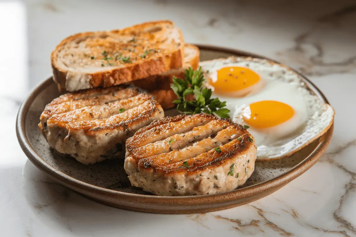 Golden-brown chicken apple sausage patties served with sunny-side-up eggs and toasted bread, showcasing a delicious breakfast from Chicken Apple Sausage Recipes.